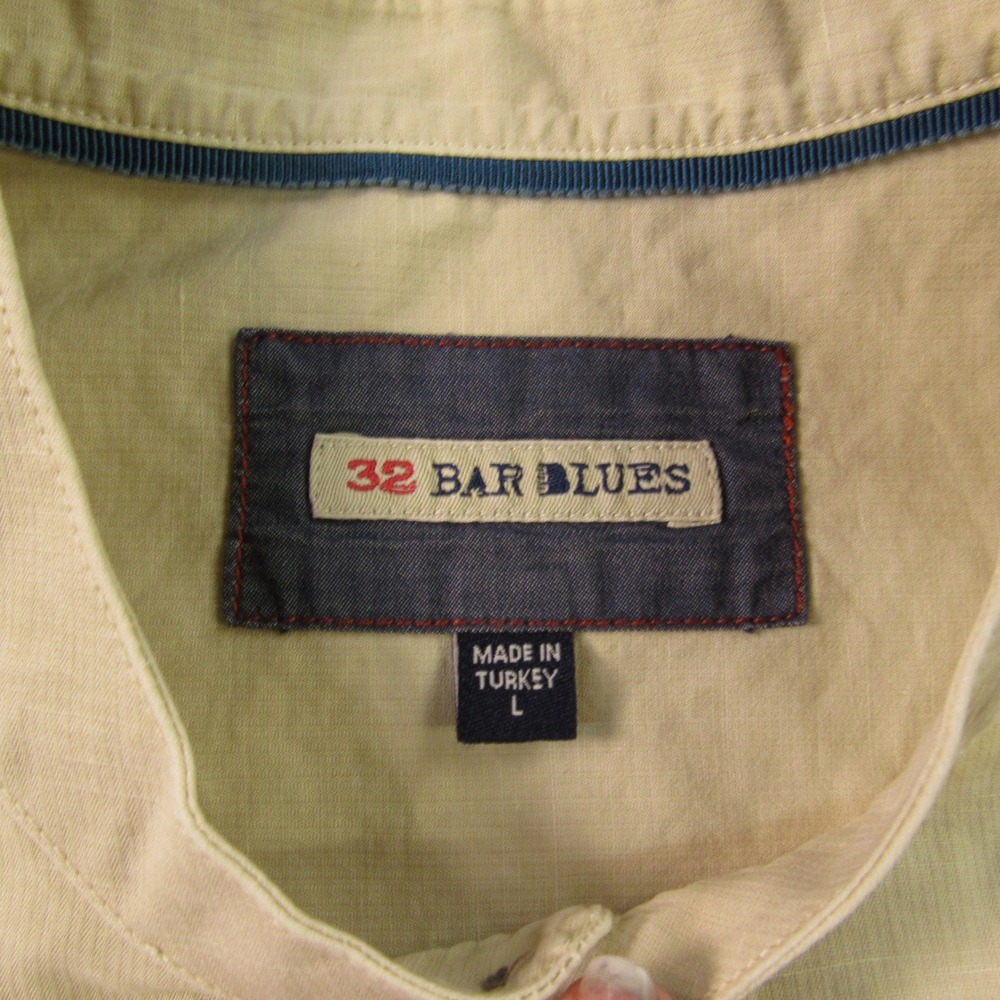 32 Bar Blues Shirt Mens L Tan Cotton Linen Blend Band Collar Short Sleeve Summer - Picture 4 of 11